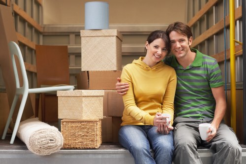 Moving boxes and furniture prepared for transport